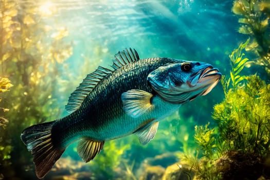 Close-up of a black bass swimming underwater, fresh water ecosystem with sunlight. AI generated