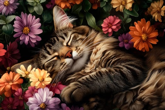 Close-up of a cute tabby cat sleeping on a summer flower bed. Cozy cat, tenderness. AI generated