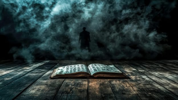Open spell book is laying on a wooden table, inviting a dark figure emerging from the fog. This image evokes magic, mystery, and the supernatural