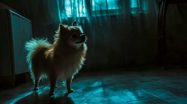 Small, fluffy pomeranian dog stands in a dark room, bathed in blue light from a window, casting a mysterious shadow and silhouette, creating a captivating portrait with a cozy home atmosphere