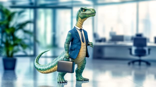 Dinosaur in a sharp suit and tie strolls through a modern office space, clutching a briefcase, blending prehistoric creatures with corporate settings in a whimsical image