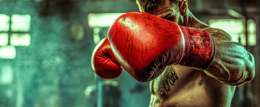 Determined boxer in red gloves practices intense punches in a gritty gym, muscles glistening with sweat. Dark atmosphere adds to the action's intensity
