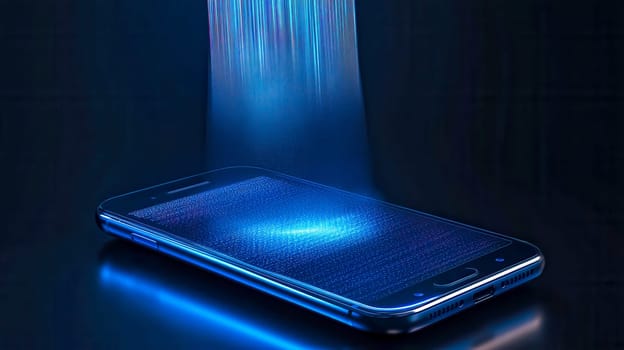 Blue light beams are projecting data composed of binary code onto a smartphone, illustrating concepts such as mobile network, 5g and high speed internet