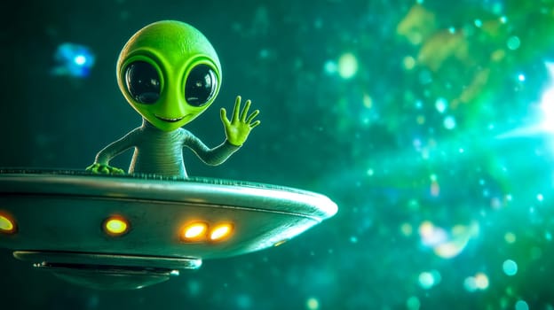 Friendly cartoon alien happily waves from its spaceship traveling through outer space, with twinkling stars and glowing lights in the background