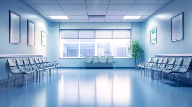 The spacious and sterile waiting area of a hospital is illuminated by natural light streaming through large windows, creating a calm and reassuring atmosphere
