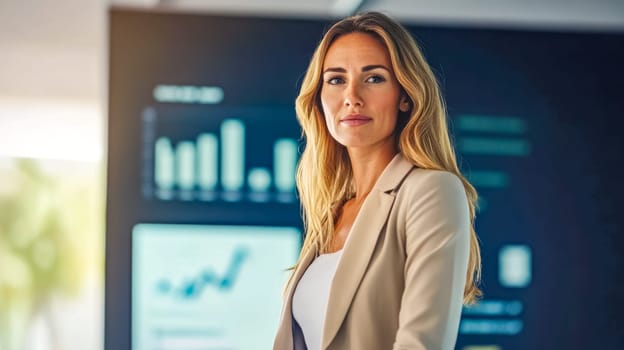 Businesswoman is standing in a modern office environment with digital screens displaying various charts and data visualizations in the background