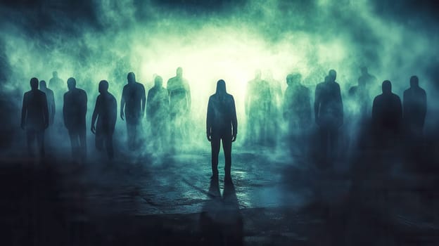 Mysterious man is standing in front of many scary silhouettes in the fog at night. This image illustrates the concepts of fear, mystery, and the supernatural