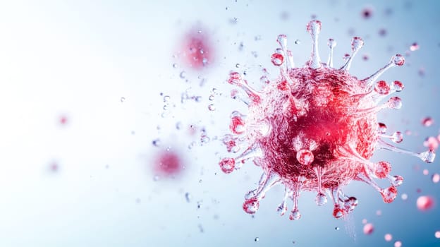 Close up view of dangerous virus spreading through water droplets in the air, highlighting microscopic details and emphasizing healthcare importance in combating outbreaks