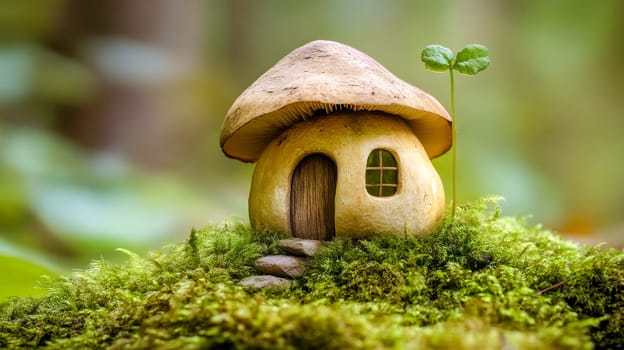 Charming miniature mushroom house nestled in lush forest moss, creating a whimsical and magical atmosphere. Step into a world of imagination and tranquility in this enchanted woodland setting