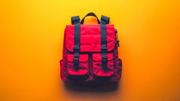 Red backpack is hanging on a yellow wall, ready for a student to fill it with books and supplies for the new school year