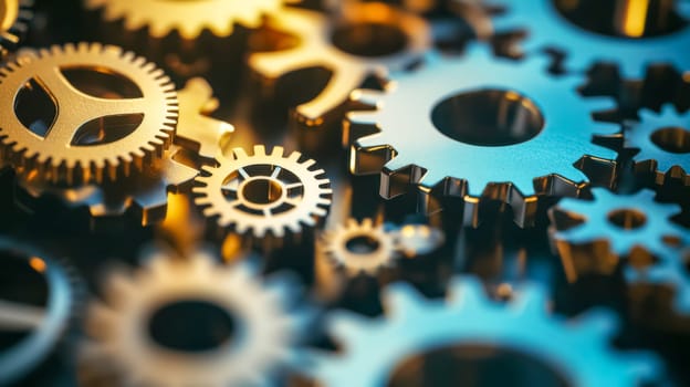 Multiple gears are interconnected and working together, representing the complexity of industry and engineering. The metallic gears shine under a warm light, highlighting their intricate details