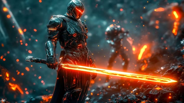 Futuristic knight in shining armor stands holding a glowing sword in a dark, fiery battlefield with another soldier approaching in the background