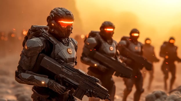 Squad of futuristic soldiers in advanced armor are marching across a dusty battlefield, armed with high tech weaponry. The setting sun casts an eerie glow on their visors as they advance