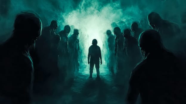 Lone man is standing defiantly amidst a horde of menacing monsters, shrouded in an eerie green fog, creating a chilling and suspenseful atmosphere