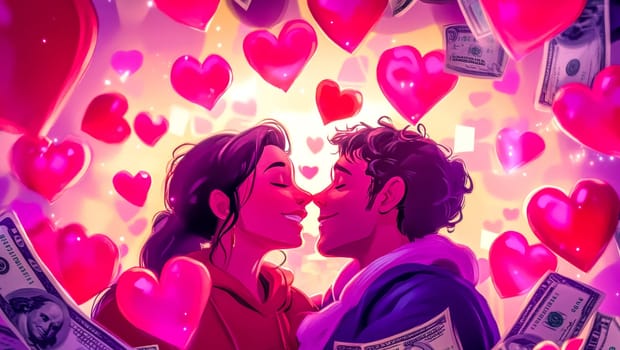 Young couple is sharing a romantic kiss as money and hearts rain down on them in this vibrant illustration about love and wealth