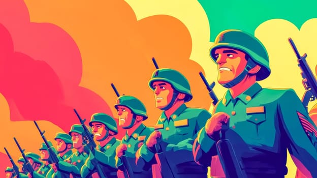 Group of soldiers marching in formation, their faces stoic as they carry their weapons under a vibrant and abstract sky