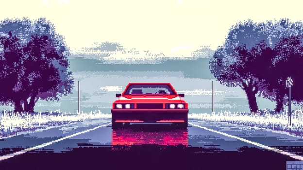 Pixel art illustration of a red car driving down a paved road with trees on either side and a purple, hazy sky in the distance
