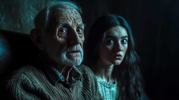 Senior man and a young woman are illuminated by an eerie blue light, their faces etched with fear and uncertainty. The darkness surrounding them adds to the palpable sense of dread