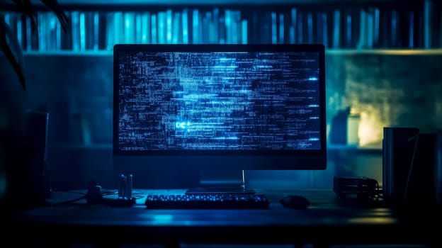 Dimly lit room at night, a computer screen displays a ddos cyber attack with a matrix effect, symbolizing the dangers of hacking and criminal activities on the dark web