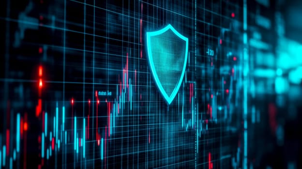 Glowing shield on digital interface with graphs symbolizes safeguarding financial info, evoking security in digital realm
