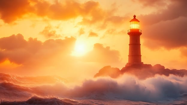 A lighthouse against a hazy  background of crashing waves and a glowing summer sunset. AI generated
