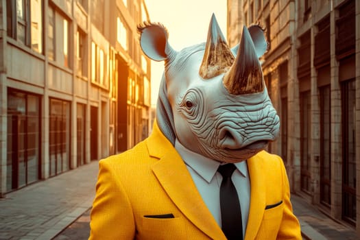 A rhinoceros wearing an yellow suit and black tie, standing on empty street next to office buildings. AI generated