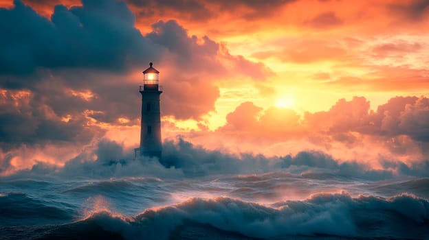 A lighthouse against a hazy, atmospheric background of crashing waves and a glowing summer sunset. AI generated