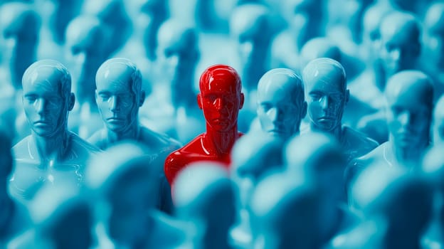 Blue glossy mannequins arranged in a rows with one red mannequin standing out from among them. AI generated