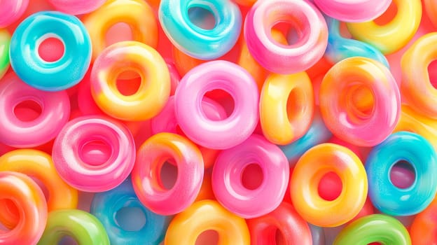Background of colorful juicy candies in a shape of rings. AI generated