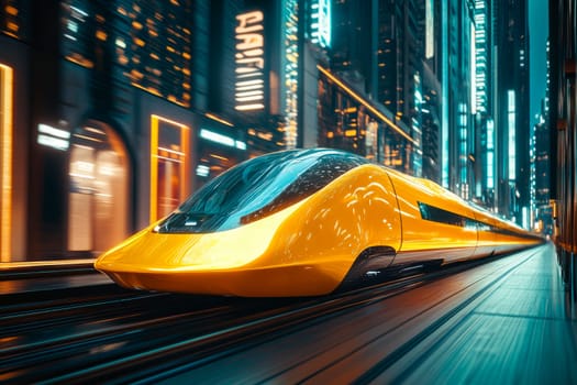 High-speed futuristic yellow train moving at the modern city. AI generated
