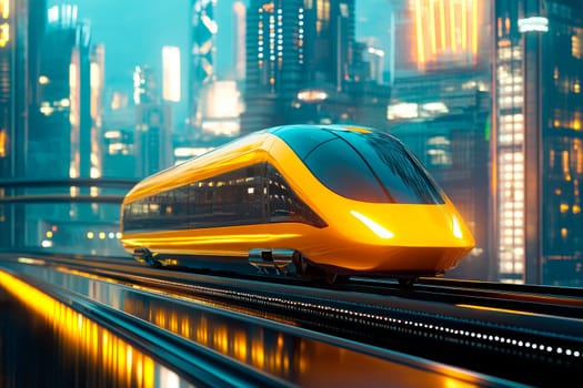 High-speed futuristic yellow train moving at the city. AI generated