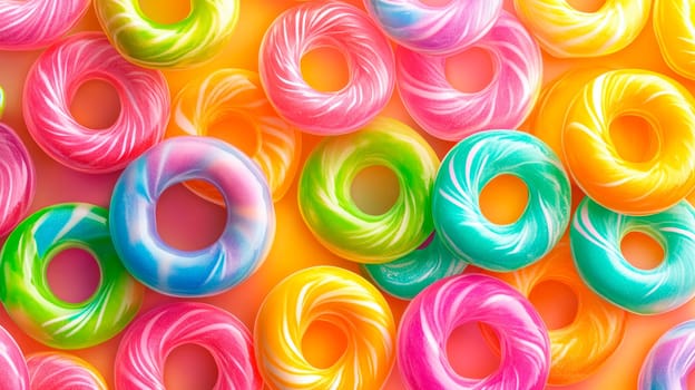 Top down view of bright colourful gummy rings. AI generated