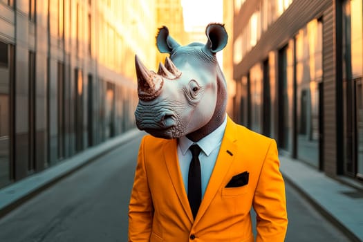 A rhinoceros wearing an yellow suit and standing next to office buildings. AI generated