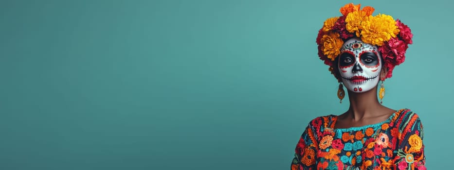 Woman with sugar skull makeup and flowers celebrating Day of the Dead