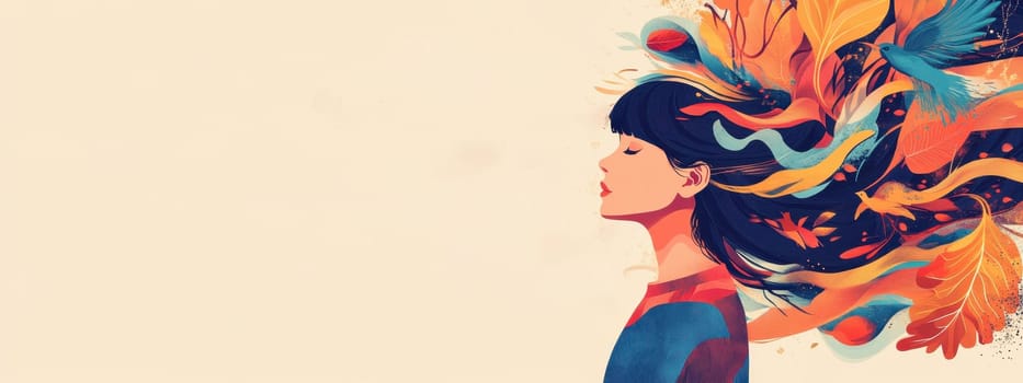 Woman with Colorful Feathers and Birds in Hair, Freedom and Imagination