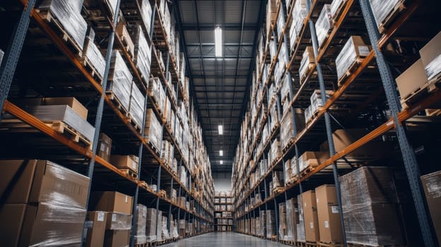 Large Industrial Warehouse with Rows of Shelves Full of Cardboard Boxes. Concept of Logistics, Storage, Distribution, and Inventory Management