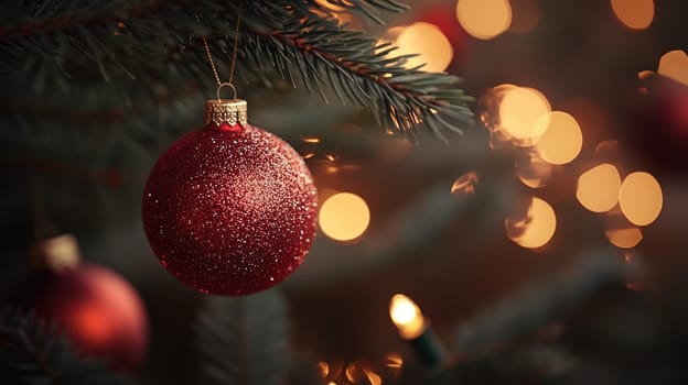 Red Christmas ball ornament with glitter hanging on a Christmas tree branch. Festive bokeh lights in the background. Holiday, winter, celebration, decoration concept