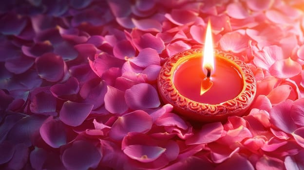 Diwali or Deepavali celebration with traditional clay oil lamp and flower petals