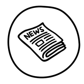 Doodle newspaper icon or logo, hand drawn with thin black line. Isolated on white background. Vector illustration