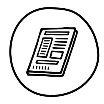 Doodle newspaper icon or logo, hand drawn with thin black line. Isolated on white background. Vector illustration