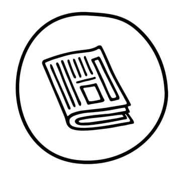 Doodle newspaper icon or logo, hand drawn with thin black line. Isolated on white background. Vector illustration