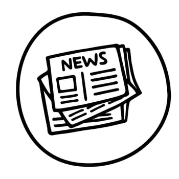 Doodle newspaper icon or logo, hand drawn with thin black line. Isolated on white background. Vector illustration