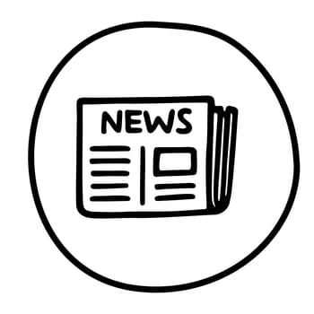 Doodle newspaper icon or logo, hand drawn with thin black line. Isolated on white background. Vector illustration