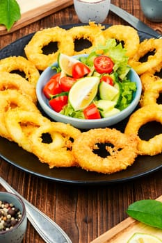 Delicious Fried squid rings and fresh vegetable salad on stone table background. Copy space.