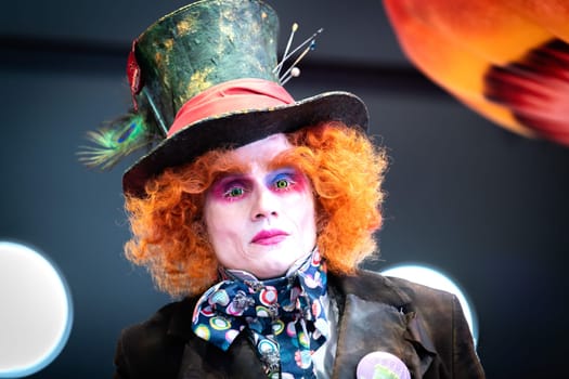 Janvuary 07 2024 Chassieux Eurexpo Auvergne Rhone Alpes France : Cosplay festival near Lyon in a free space. a man portrays the Mad Hatter from Alice in Wonderland.