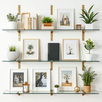 Modern interior design featuring glass shelves with potted plants, framed art prints, and decorative objects, showcasing a blend of nature and aesthetics.