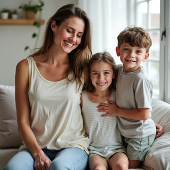 Joyful young mother embracing her smiling daughter and son on a cozy couch by a bright window, showcasing family love and togetherness in a warm home setting.