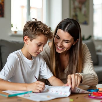 Smiling mother helping her young son with homework at a table, fostering a positive learning environment and bonding over educational activities.