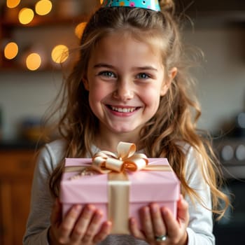 Close up of an excited young girl with curly hair wearing a colorful party hat, holding a pink gift box with a golden bow, surrounded by festive bokeh lights.