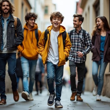 A young boy in a yellow jacket laughs joyfully while walking with a group of diverse friends through a narrow European city street, exuding happiness and camaraderie.